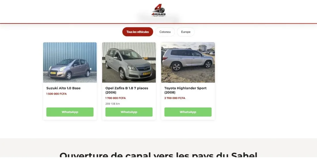 Site vitrine 4Roues à Cotonou, réalisé par Alan Creative